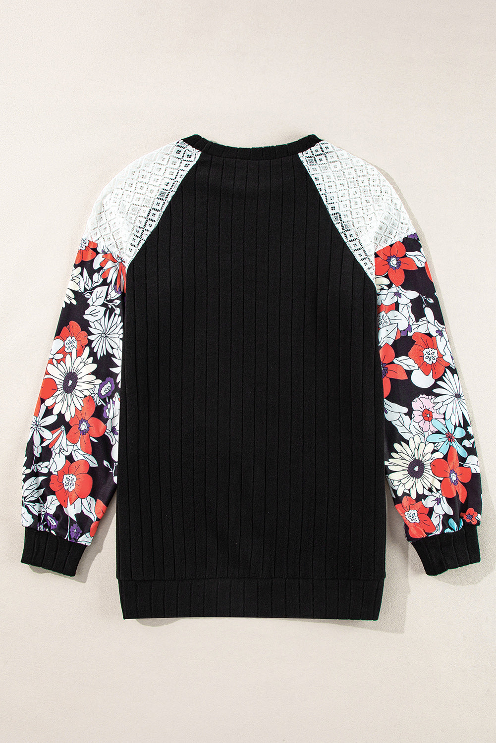 Black Floral Patchwork Raglan Sleeve Ribbed Top