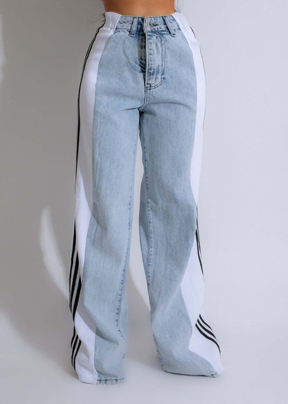 2024 Fashion Casual High Waist Elastic Straight Leg Trousers Three Stripe Patchwork Denim Wide Leg Pants Streetwear