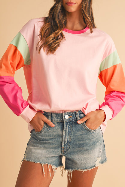 Light Blue Color Block Sleeve Loose Fit Top