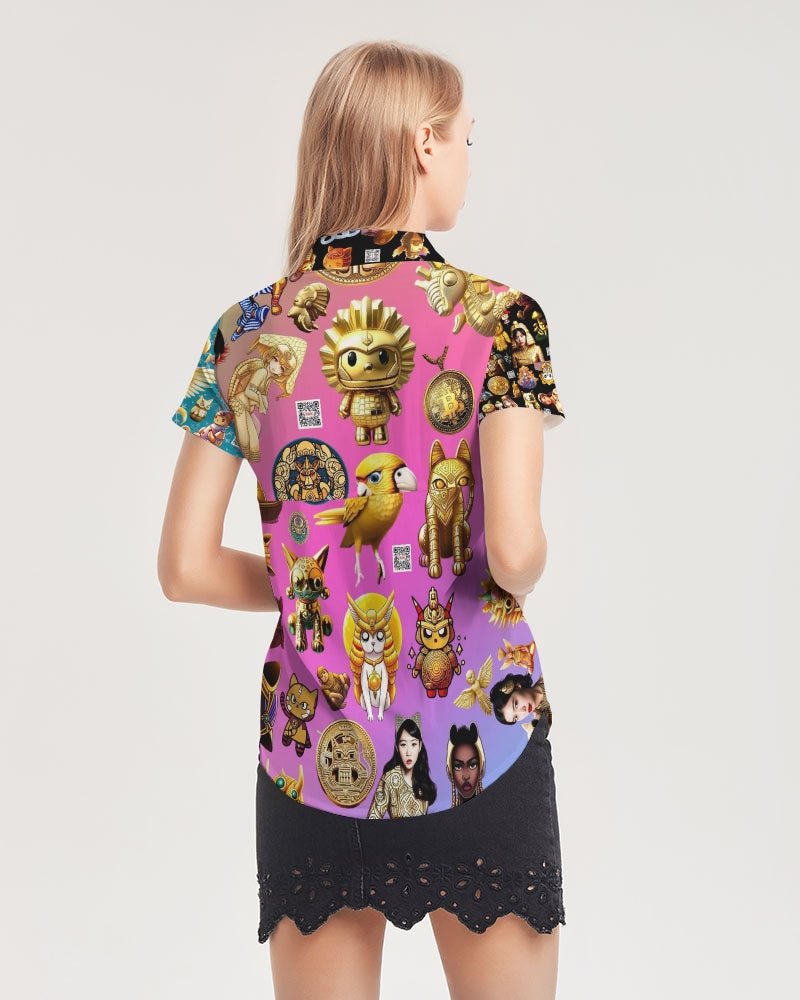 4 Annunaki Abstrak Collection Women's All-Over Print Short Sleeve Button Up