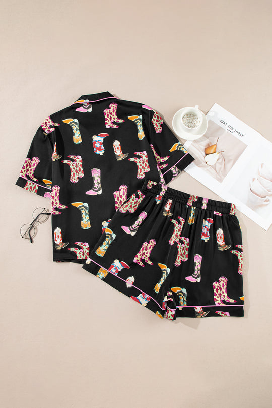 Black Western Boots Printed Short Pajama Set