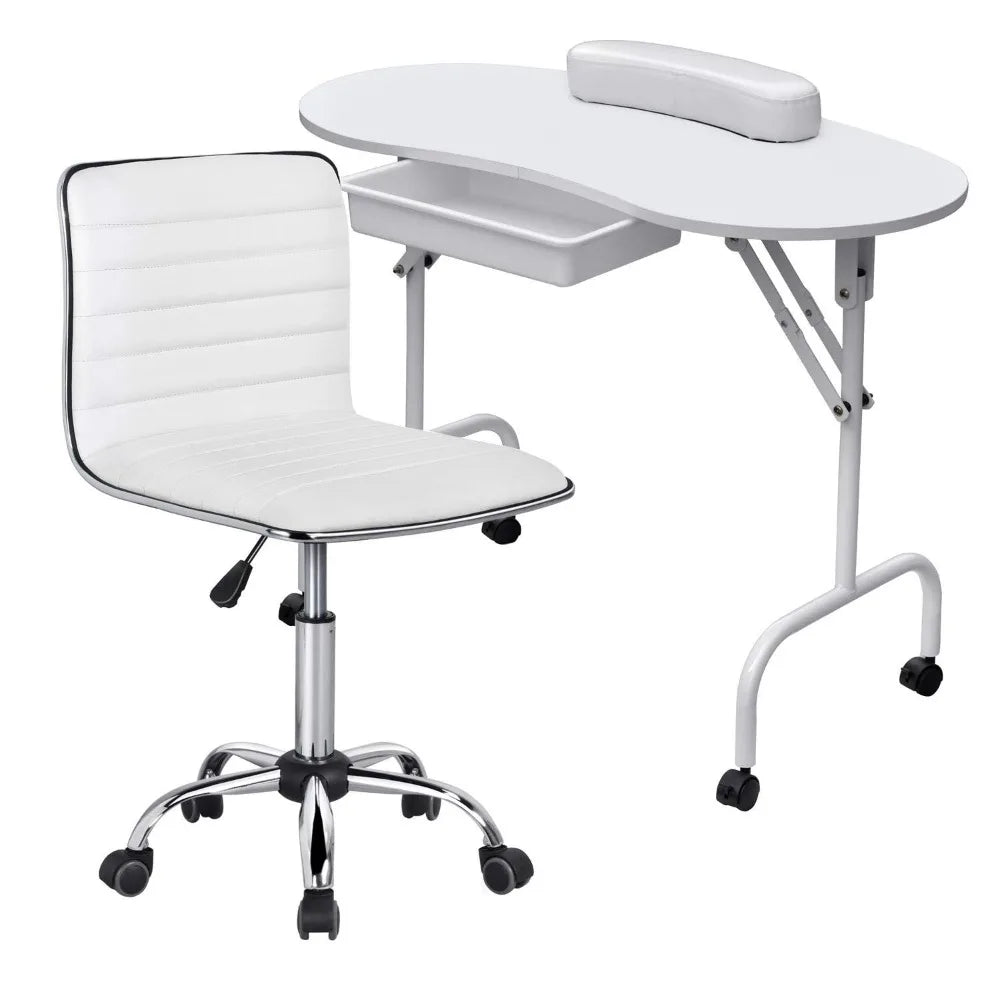 37-inch Portable & Foldable Manicure Table Nail Desk Workstation for Spa Beauty Salon and Adjustable Low Back Armless Swivel