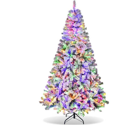 6ft Pre-Lit Artificial Christmas Tree Snow Flocked Xmas Tree W  Remote-Controlled 250 Multi-Color Lights Decor