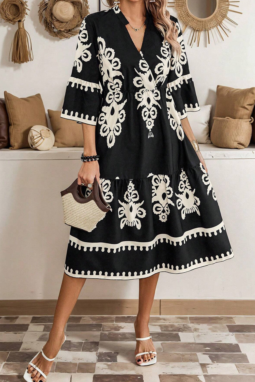 Black Ethnic Print 3/4 Sleeve Loose Midi Dress