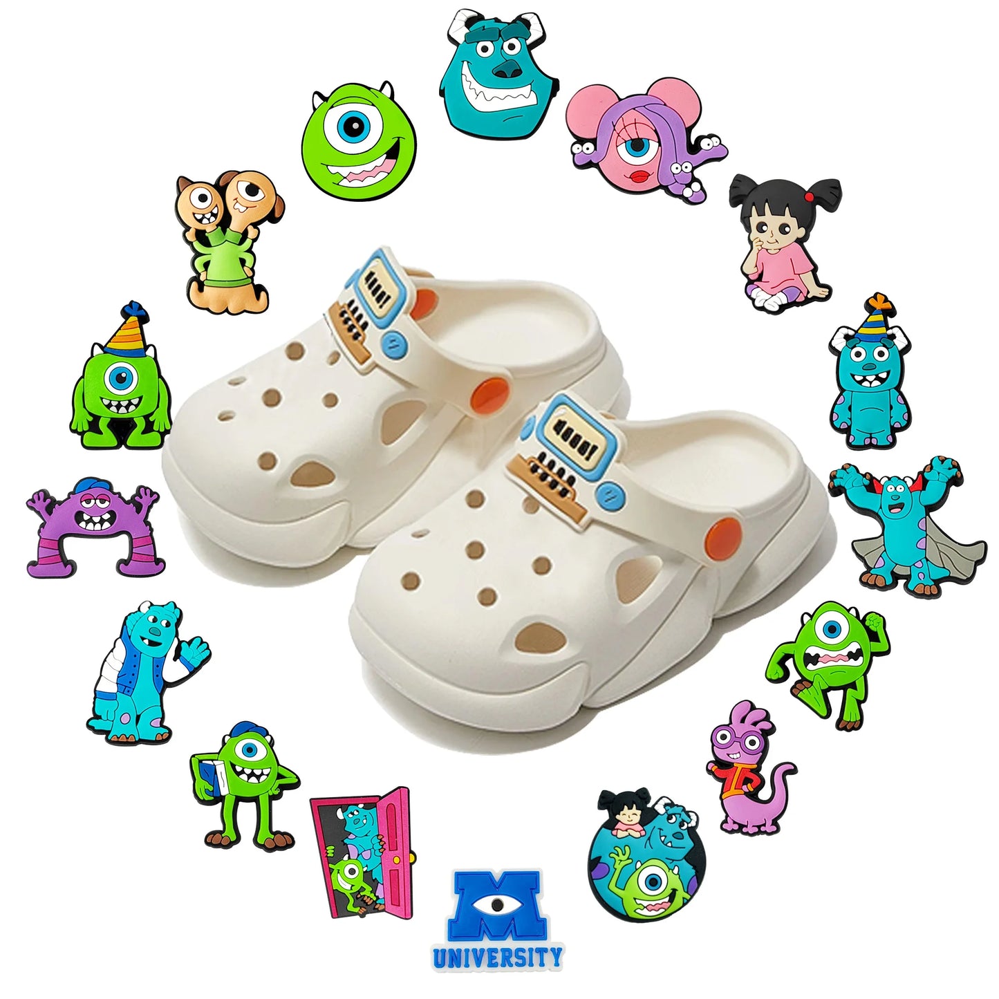 1-16PCS Miniso Disney Monsters University James PVC Shoe Charms For Clogs Pins Hole Slipper Decoration Sandals Shoes Accessories