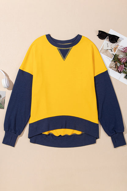 Yellow Color Block Thumbhole Sleeve Drop Shoulder Sweatshirt