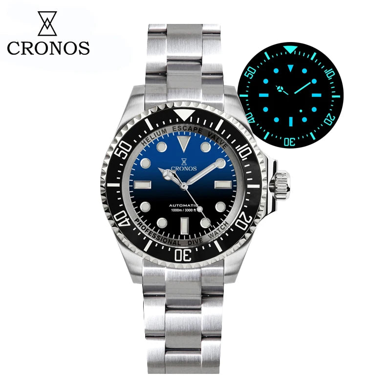 Cronos Automatic Diving Watch Stainless Steel 2000 Meters Water Resistance Professional Diver L6009M