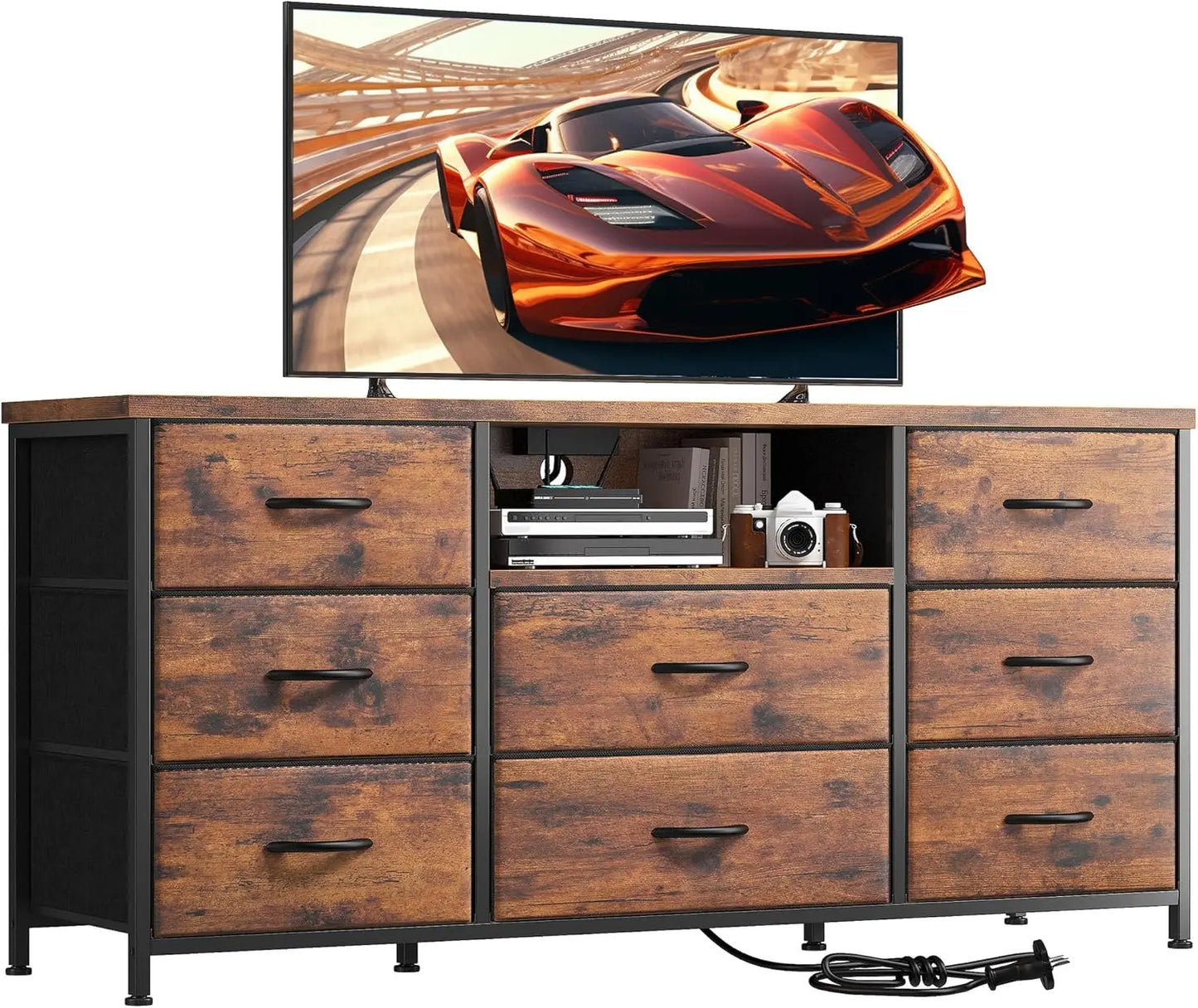 TV Stand, Power Outlet Entertainment Center with 8 Fabric Deep Drawers Media Console Table for TV Wide Storage Drawer Dresser