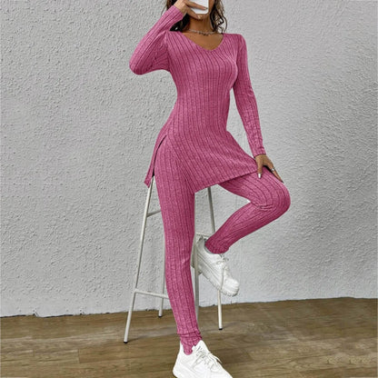 Spring Fashion Knit Suits 2024 Casual Loose Pullover+Elastic Long Pants Print Knitted Solid Color Two Pieces Sets Clothing