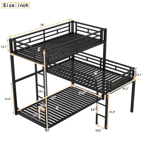 L-shaped Metal Triple Twin Size Bunk Bed, Black