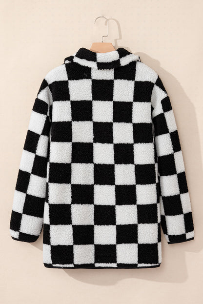 Black Checkered Side Pockets Collared Buttoned Fleece Jacket