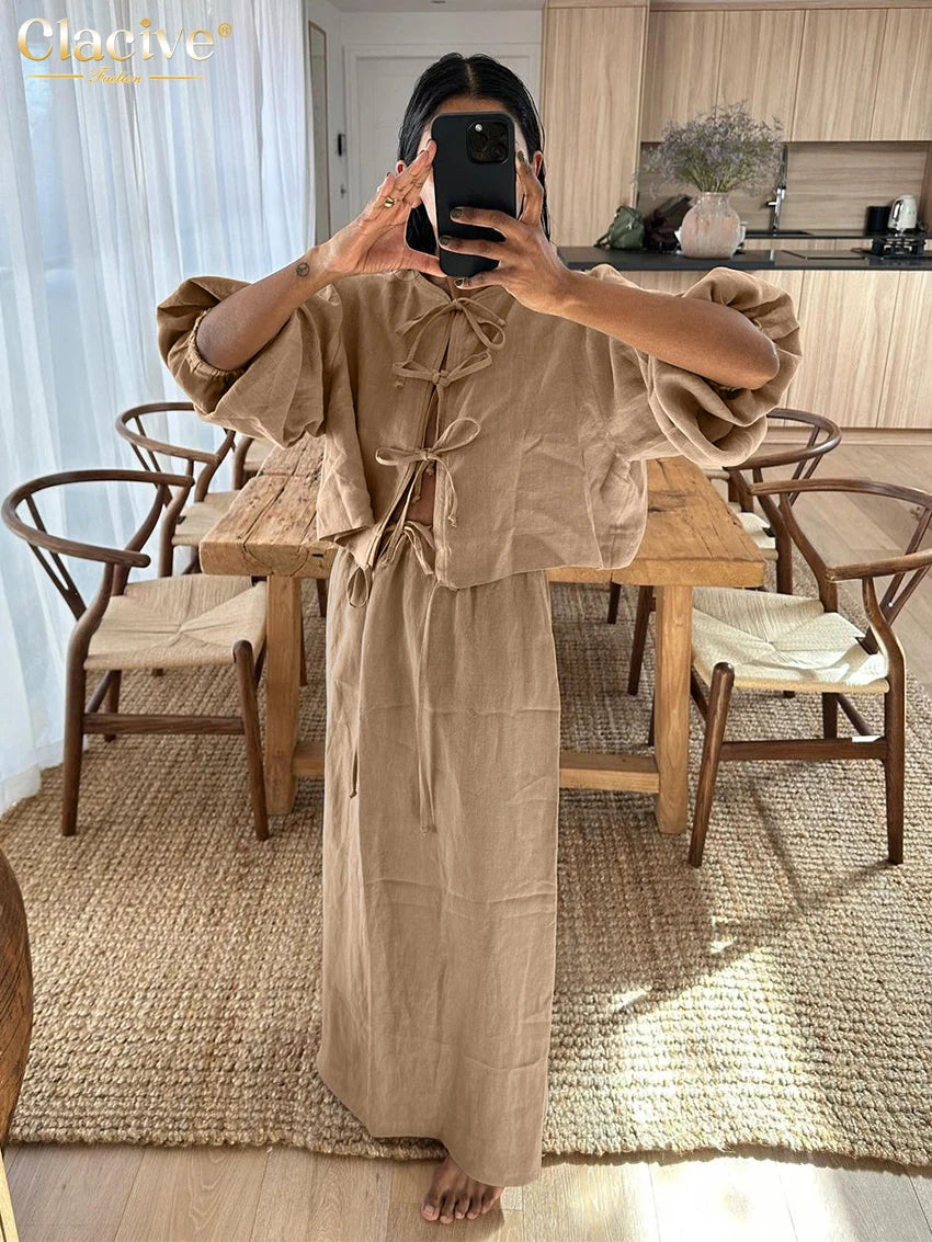 Clacive Casual Loose Khaki Cotton 2 Piece Sets Women Outfit Fashion Puff Sleeve Lace-Up Shirt With High Waist Long Skirts Set