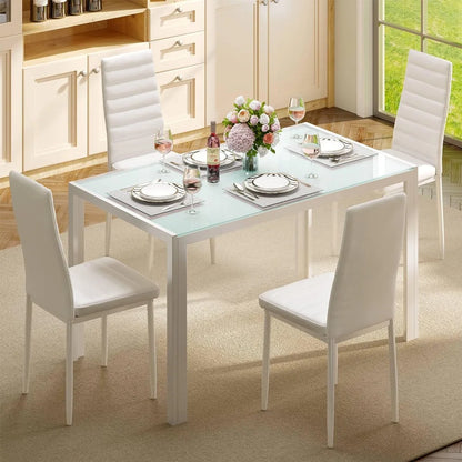 5 Piece Glass Dining Table Set, Kitchen & 4 Person Chair, PU Leather Modern Room Set, For Family, Kitchen, Living Room