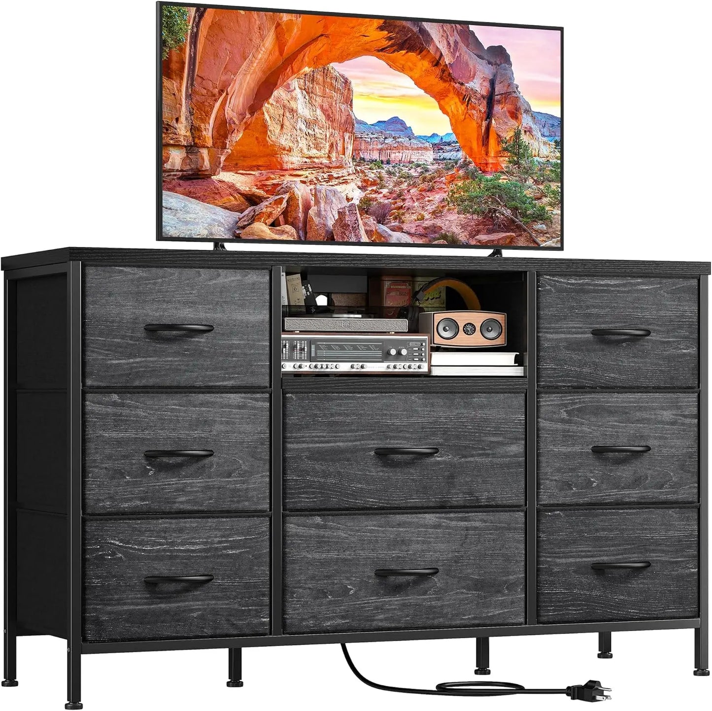 TV Stand, Power Outlet Entertainment Center with 8 Fabric Deep Drawers Media Console Table for TV Wide Storage Drawer Dresser