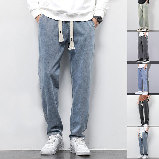 Summer Loose Wide Leg Jeans Pants Men Fashion Drawstring Elasticated Straight Trousers