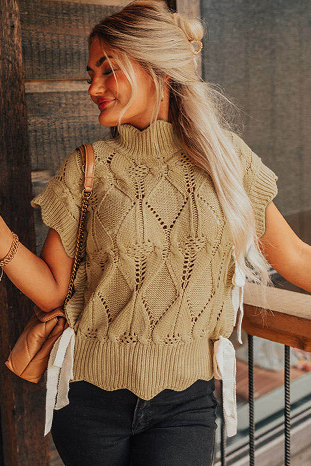 Light French Beige Hollowed Knit Scalloped Trim High Neck Sweater