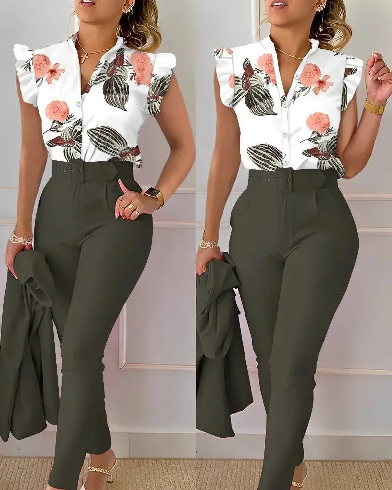 Womens Elegant Slim Two-Piece Sets Summer Fashion Print V Neck Button Flying Sleeve Shirt Top & Solid Long Pants Suits With Belt