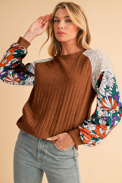 Black Floral Patchwork Raglan Sleeve Ribbed Top