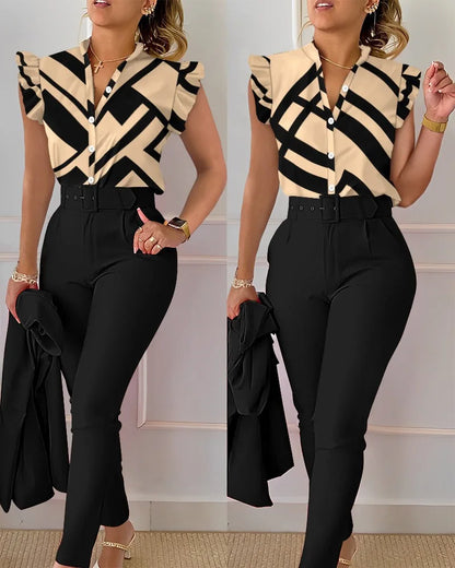 Womens Elegant Slim Two-Piece Sets Summer Fashion Print V Neck Button Flying Sleeve Shirt Top & Solid Long Pants Suits With Belt