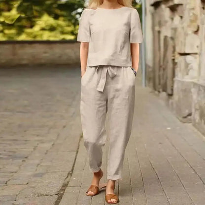 Fashion Women's Cotton Hemp Summer Khaki Round Neck Short Sleeve Loose Top High Waist Pocket Wide Leg Pants Retro 2 Piece Set