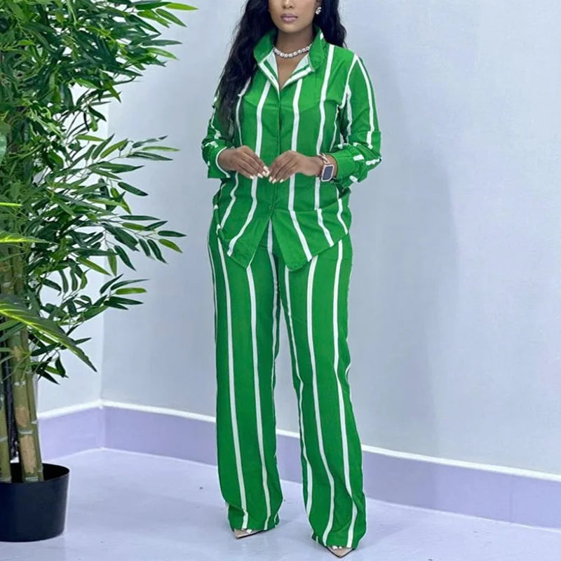 African Fashion Stripe Two Piece Set Women Spring Autumn Casual Button Long Sleeved Shirt Wide Leg Pants Two Piece Set Women