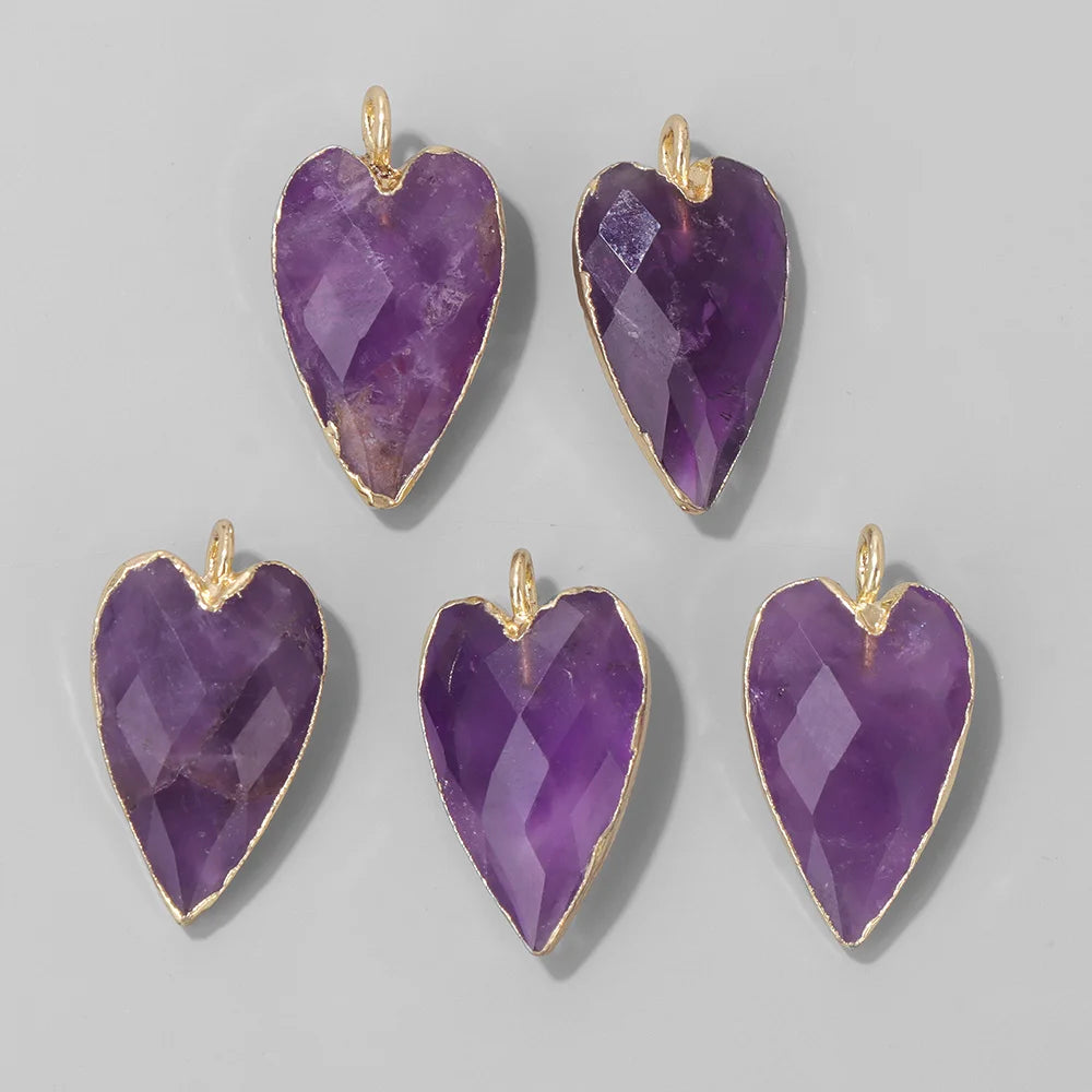 2PCS Faceted Heart Stone Pendant Natural Amazonite Amethysts Sunstone Charm For Fashion Jewelry Making DIY Necklace Bracelets