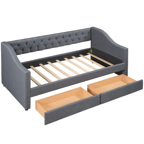 Upholstered Twin Size Daybed With Two Drawers, Wood Slat Support, Gray