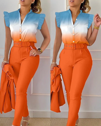 Womens Elegant Slim Two-Piece Sets Summer Fashion Print V Neck Button Flying Sleeve Shirt Top & Solid Long Pants Suits With Belt