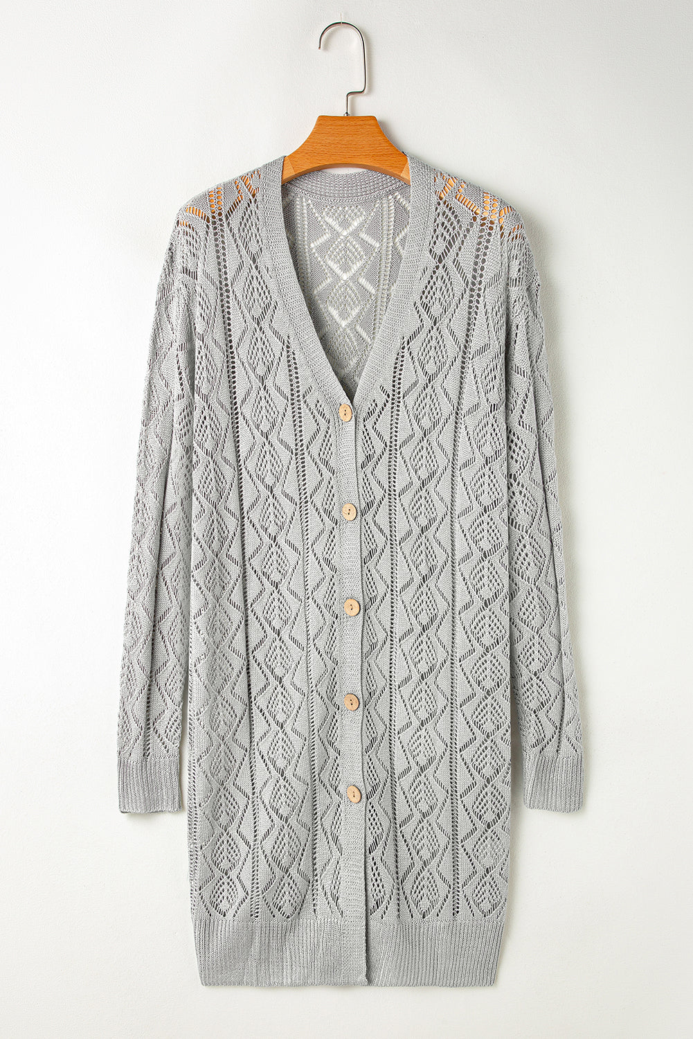 Gray Hollow Out Buttons Front Long Cardigan