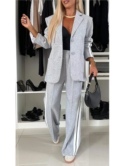 Autumn And Winter New Long Sleeves Suit Women's Suit Fashion Pimp Stitching Pants Pocket Female Office Blazer 2 Piece Set 2024