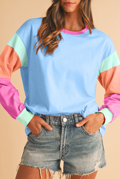 Light Blue Color Block Sleeve Loose Fit Top