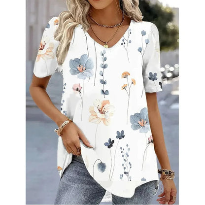 Fashion Woman Blouses 2024 T-shirt Women's 3d Flower Print White Kawaii V-neck T Shirt Female Clothing Oversized Summer Tops Tee