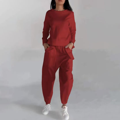 Solid Color Fashion Sweatshirt Long Sleeve Back Slit Top With Pockets Loose Trousers Women's Clothing