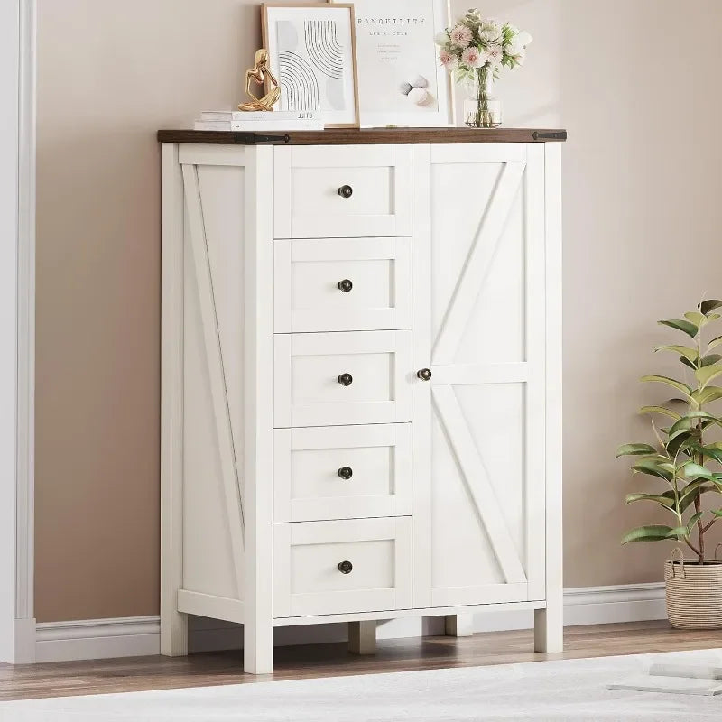 5 Drawer Dresser - Farmhouse Chest of Drawers for Bedroom, 46" Tall Modern Dresser Cabinet with Barn Doors, Wood Storage