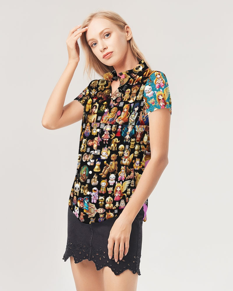 4 Annunaki Abstrak Collection Women's All-Over Print Short Sleeve Button Up