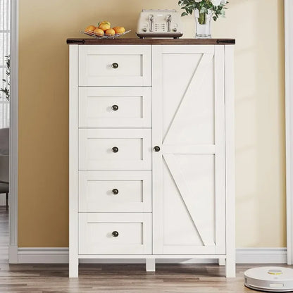 5 Drawer Dresser - Farmhouse Chest of Drawers for Bedroom, 46" Tall Modern Dresser Cabinet with Barn Doors, Wood Storage