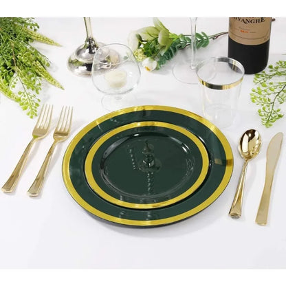 102PCS Emerald Green and Gold Plastic Plates - Premium Quality Dinnerware Set for Wedding & Party