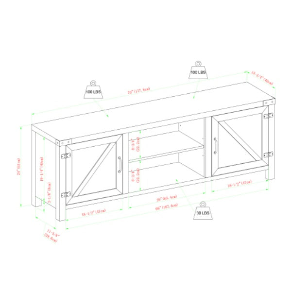 Rustic Farmhouse Double Barn Door TV Stand For TVs With Center Shelves - Stone Grey