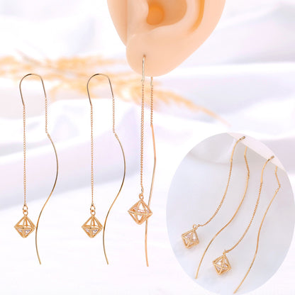 Gold Bronze Cutout Zircon Tassel Earrings