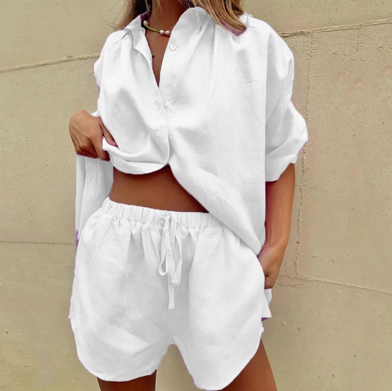 Casual Cotton Solid Color Sets Women Short Sleeve Loose Shirt Wide Leg Shorts Two Piece Set Woman Suits 2024 Summer Outfits