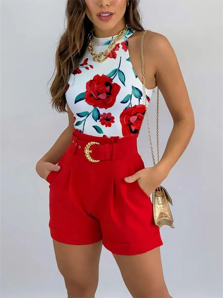 wsevypo Women Summer Vest and Shorts Sets Casual Sleeveless Halter Vest Tank Tops+ High Waist Shorts with Waist Belt 2Pcs Suits