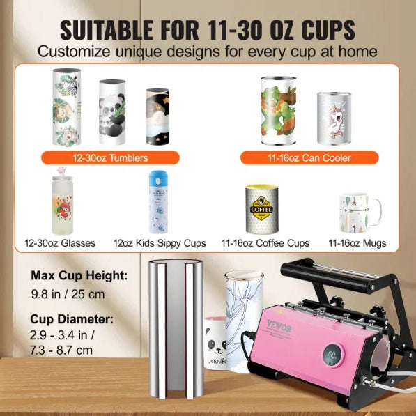 VEVOR Mug Heat Press, 11-30oz Tumbler Heat Press Machine, Sublimation Transfer Straight Skinny Tumblers, Cup Heat Press With Heat-resist Gloves & Tape, DIY Ceramic Mugs Cups Glasses, As Gift