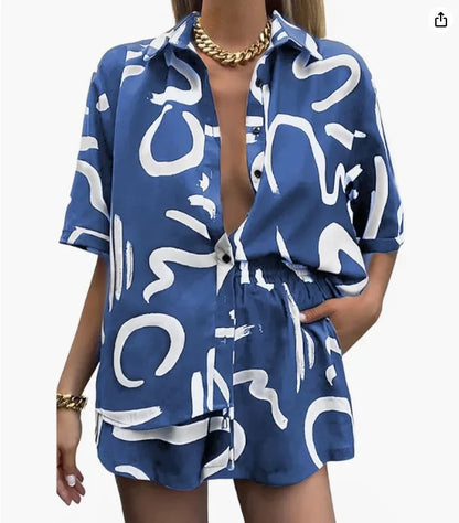 Casual Beach Holiday Loose Shirt Short Sets Bohemian Geometric Print Two Piece Set For Women Summer Outfits For Women 2023