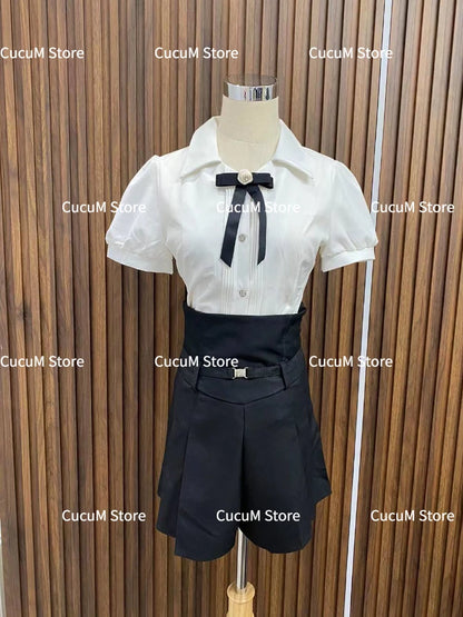 Aesthetics Elegant Suit Woman Short Sleeve White Blouse + High Waist Slim Shorts Kawaii Korean Fashion Set Clothing 2024 Summer