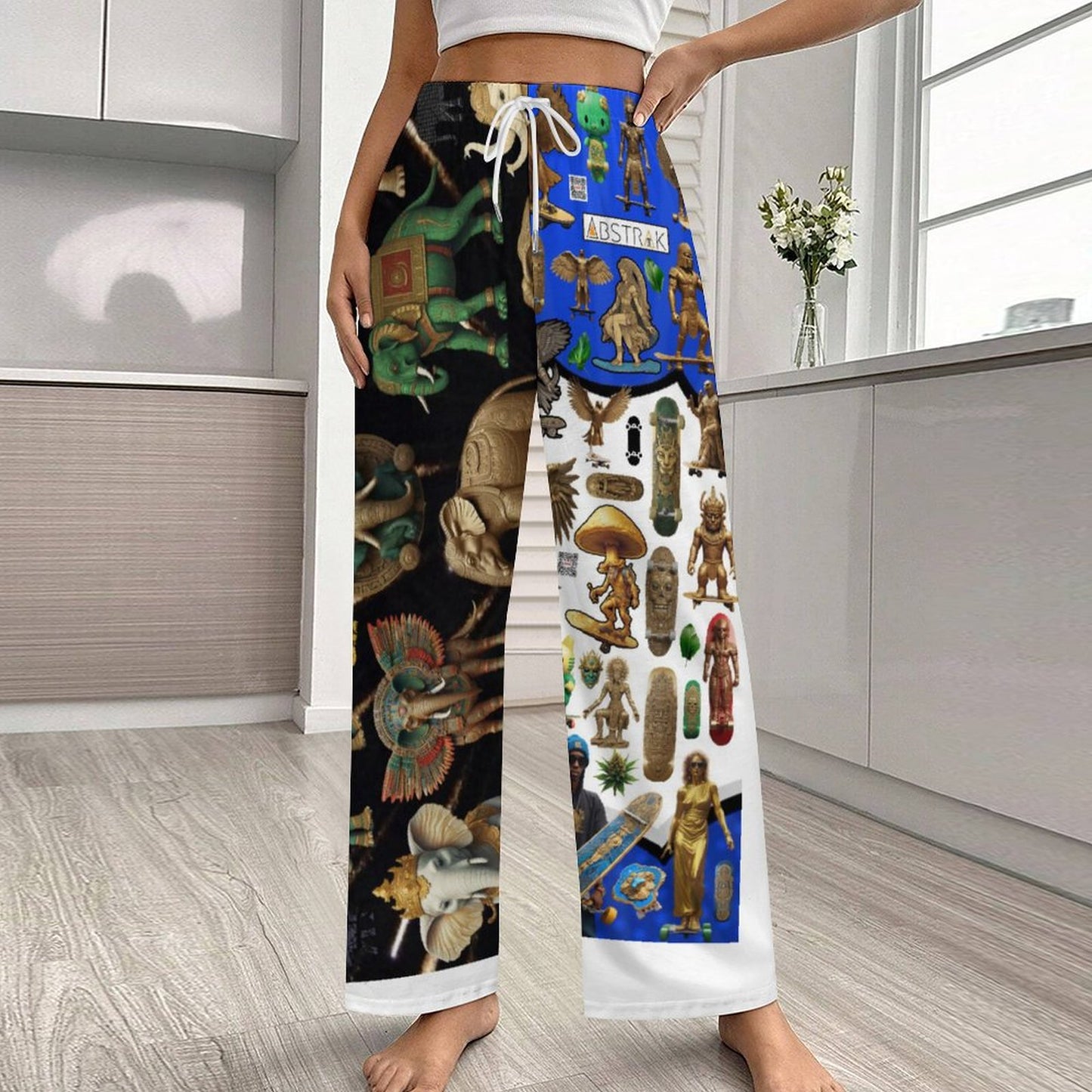 170gsm Faux Cotton Drawstring Women Wide Leg Pajamas Pants LM072 (All-Over Printing)