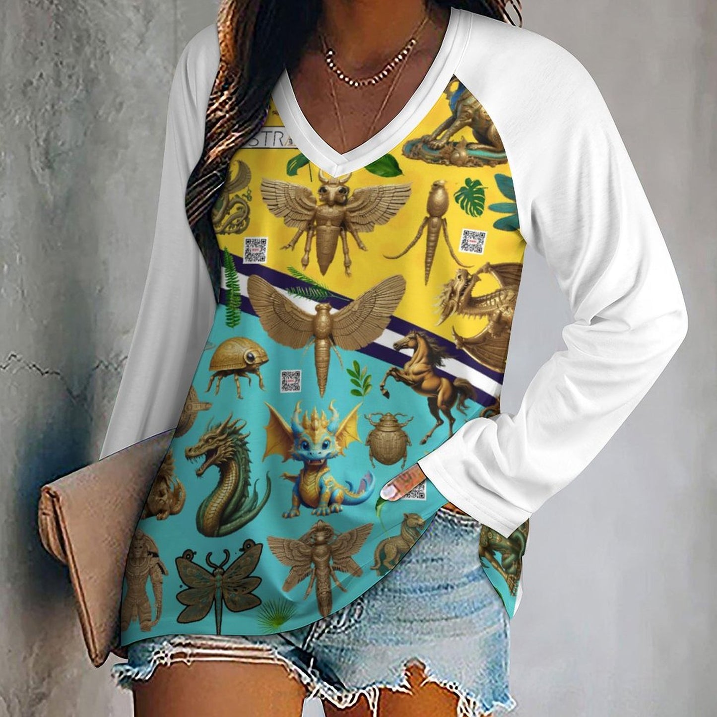 V-neck Loose Long Sleeve T-shirt TLREV2 (All-Over Printing)