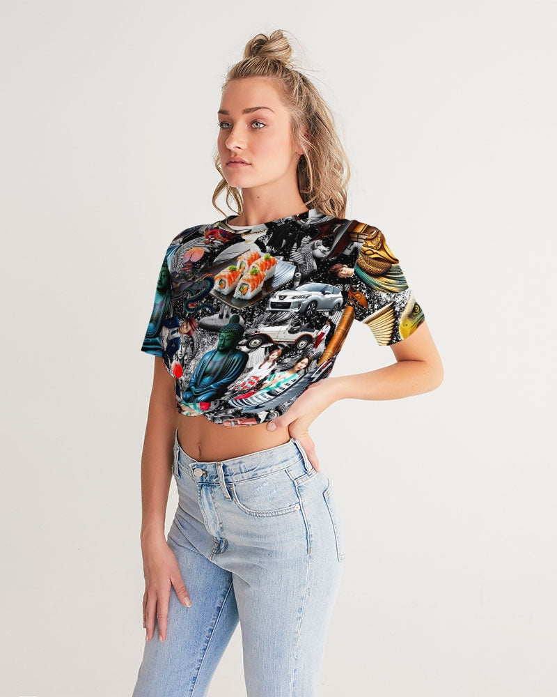 Trendy Abstrak Pattern Women's All-Over Print Twist-Front Cropped Tee