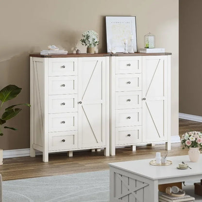 5 Drawer Dresser - Farmhouse Chest of Drawers for Bedroom, 46" Tall Modern Dresser Cabinet with Barn Doors, Wood Storage