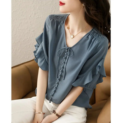 Elegant Fashion Ruffles Lace Up Chiffon Blouses Woman 2022 Summer New Office Lady Commute V-Neck Butterfly Sleeve Button Shirts