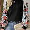 Black Floral Patchwork Long Sleeve Ribbed Blouse